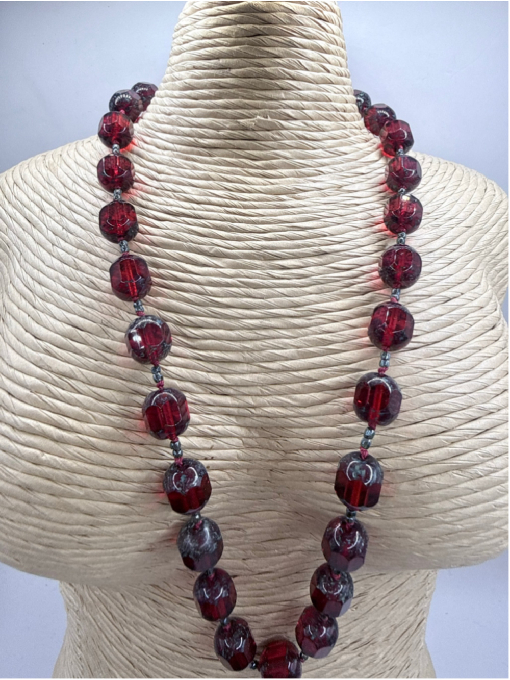 Women's Czech Cathedral Picasso Red and Grey Beaded Necklace 18.5”